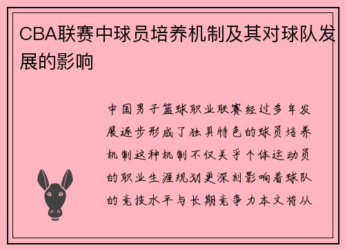 CBA联赛中球员培养机制及其对球队发展的影响